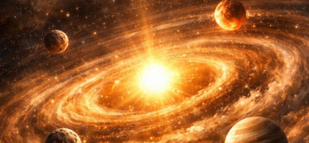 Astrobiologia e sinais potenciais de vida fora da Terra: quando a ciência aprende a procurar o impossível 1 Ilustração artística de um sistema estelar em formação com disco protoplanetário e planetas jovens orbitando uma estrela central brilhante.