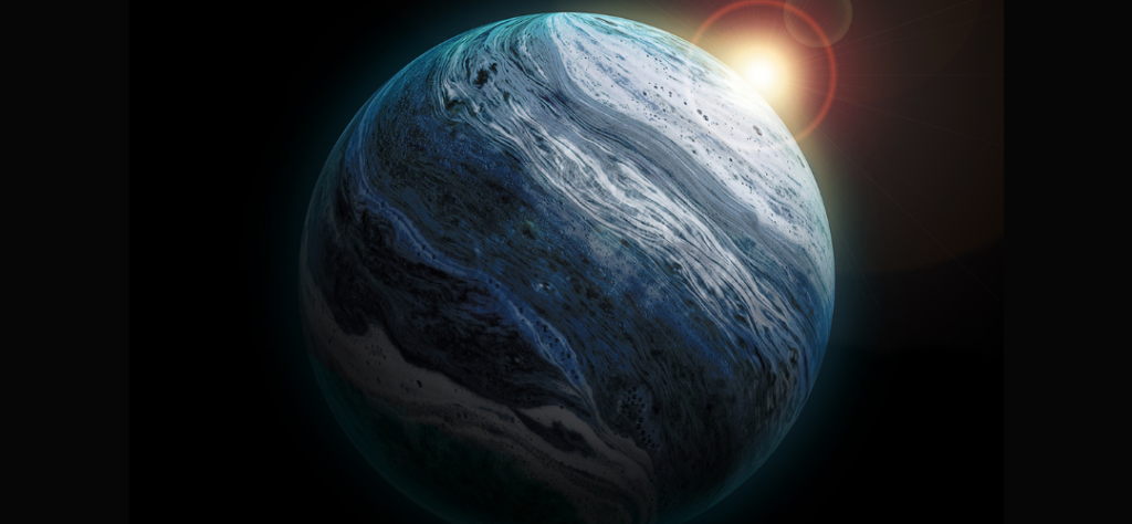 Astrobiologia e sinais potenciais de vida fora da Terra: quando a ciência aprende a procurar o impossível 6 Planeta alienígena com atmosfera detalhada e brilho solar no horizonte, simulando a visão de um exoplaneta descoberto em zona habitável.