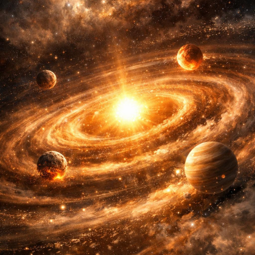 Astrobiologia e sinais potenciais de vida fora da Terra: quando a ciência aprende a procurar o impossível 12 Astrobiologia - Ilustração artística de um sistema estelar em formação com disco protoplanetário e planetas jovens orbitando uma estrela central brilhante.