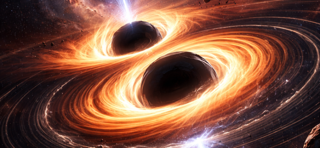 Esta é uma representação artística impressionante e dramática de um sistema binário de buracos negros em processo de interação ou fusão. A imagem captura a escala colossal e a energia violenta desses fenômenos astronômicos.