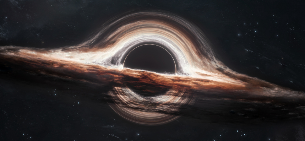 Esta imagem é uma representação artística cinematográfica de um buraco negro supermassivo isolado no espaço profundo. A estética é altamente detalhada, lembrando simulações científicas modernas como as vistas no filme Interstellar.