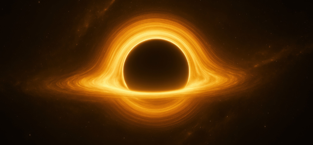 Esta imagem apresenta uma representação artística de um buraco negro supermassivo em um cenário espacial vasto e detalhado.