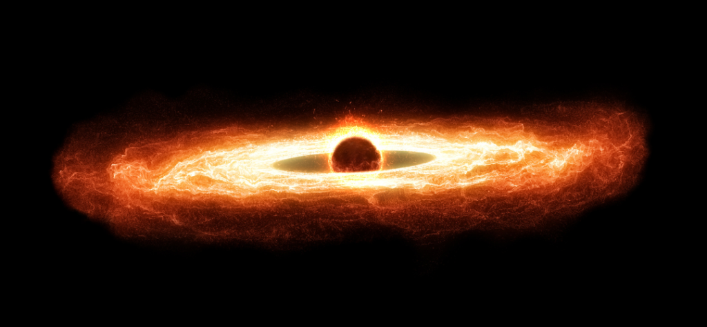 Esta imagem é uma ilustração artística de um buraco negro envolto em um disco de energia vibrante, apresentada sobre um fundo completamente preto, o que destaca a intensidade do objeto.