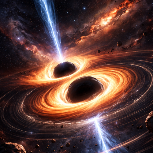 Buracos negros e ondas gravitacionais: quando o universo deixou de ser silêncio e passou a contar histórias 14 Esta é uma representação artística impressionante e dramática de um sistema binário de buracos negros em processo de interação ou fusão. A imagem captura a escala colossal e a energia violenta desses fenômenos astronômicos.