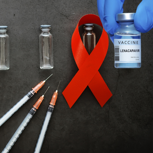 Lenacapavir e o futuro da prevenção: quando a ciência simplifica a luta contra o HIV 27 Frasco de medicamento com o nome Lenacapavir sendo segurado por luva médica ao lado de seringas e laço vermelho de conscientização do HIV.