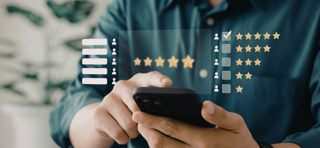 Interface de avaliação com cinco estrelas sobreposta a um smartphone, ilustrando o ranking dos celulares 2026 mais buscados e bem avaliados pelos consumidores.