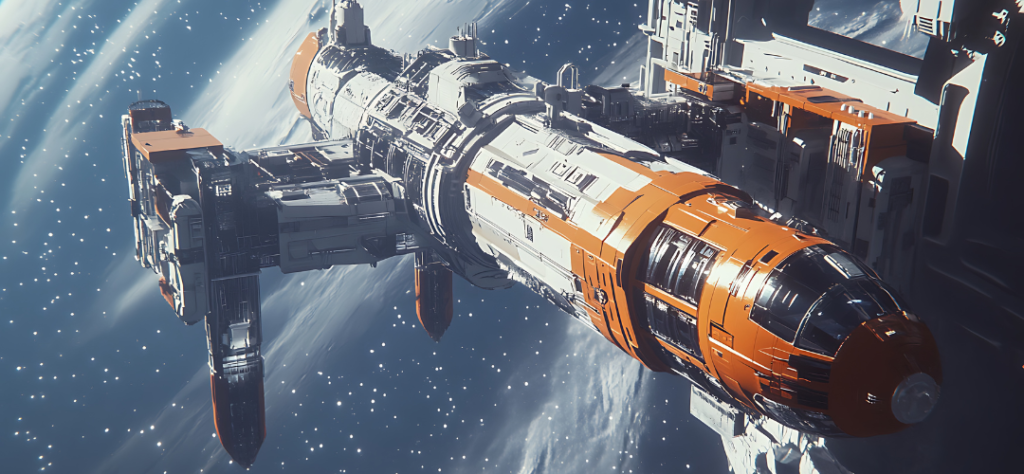 Ilustração de uma estação espacial futurista em cores laranja e branco, detalhando a evolução tecnológica da Corrida espacial.