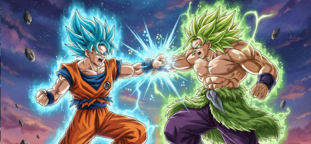 À esquerda: Temos o Goku em sua forma de Super Saiyajin Blue (ou Super Saiyajin Deus Super Saiyajin). Note a aura azul vibrante e o cabelo espetado na mesma cor, que representa o controle do Ki divino.

À direita: Temos o Broly em sua forma de Super Saiyajin Lendário (ou Full Power). Ele é reconhecível pelo porte físico massivo, o cabelo verde neon e a aura explosiva de mesma cor.