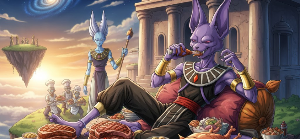 Beerus (O Deus da Destruição): Ele está relaxado no centro da imagem, sentado de forma bem descontraída e aproveitando o que mais ama: comida. Ele aparece saboreando uma coxa de carne com aquele olhar de satisfação que só um Deus da Destruição com a barriga cheia tem.
