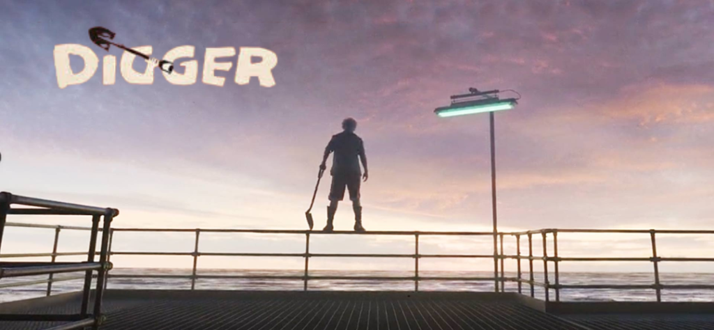 Escavadeira em terreno árido no pôr do sol, cena do filme Digger, parte da lista de Os lançamentos no cinema 2026.