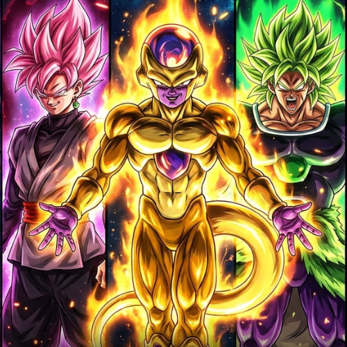Painel com diversos vilões de Dragon Ball, incluindo Broly, Frieza e Goku Black.
