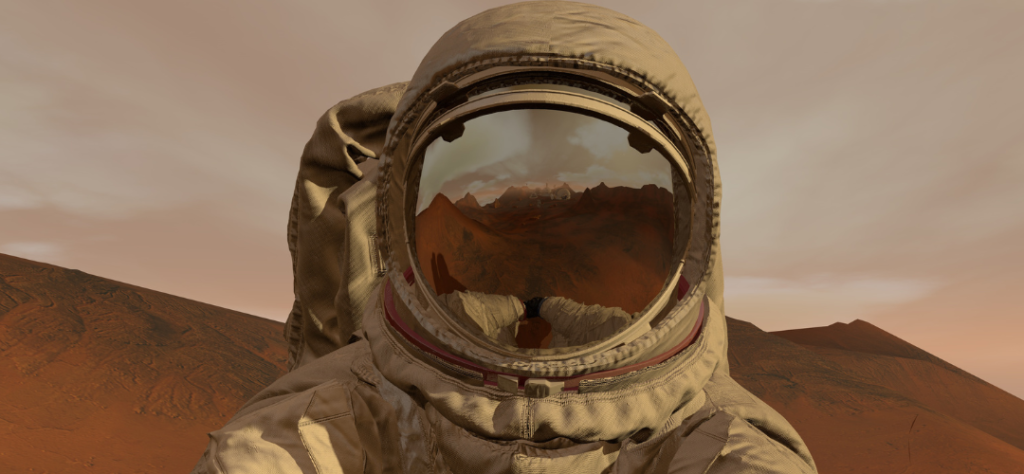 Detalhes do Astronauta
Capacete e Visor: O foco central é o capacete do traje espacial, que possui um visor amplo e transparente.

Reflexo: O visor reflete a paisagem árida à frente, revelando dunas avermelhadas e o que parece ser uma pequena estrutura ou base no horizonte.

Traje: O traje é confeccionado em um material têxtil bege ou areia, com texturas visíveis de costuras e dobras, integrando-se cromaticamente ao ambiente.