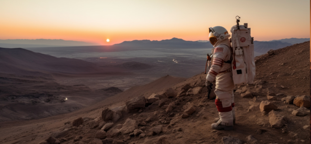 Elementos Principais
O Astronauta: Posicionado à direita, o explorador veste um traje espacial branco detalhado com faixas vermelhas nos braços e pernas. Ele carrega uma mochila de suporte à vida volumosa e equipada com antenas. O visor do capacete é dourado e reflexivo, ocultando o rosto do indivíduo.

A Paisagem: O cenário é composto por terrenos montanhosos e rochosos em tons de marrom e terracota. No vale abaixo, a topografia parece mais plana, sugerindo uma bacia ou antigo leito de rio.

O Horizonte: O Sol está baixo no céu, caracterizando um nascer ou pôr do sol. A luz solar cria um gradiente suave que vai do laranja brilhante perto da linha do horizonte ao azul pálido e cinza no topo da imagem.