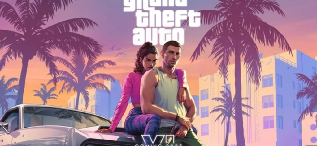 Arte oficial do jogo GTA 6 mostrando os protagonistas Lucia e Jason sentados em um carro durante o pôr do sol em Vice City.