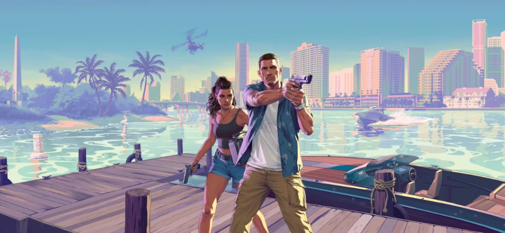 Protagonistas Jason e Lucia armados em um píer em Vice City, cena de ação ilustrativa do aguardado jogo GTA 6.