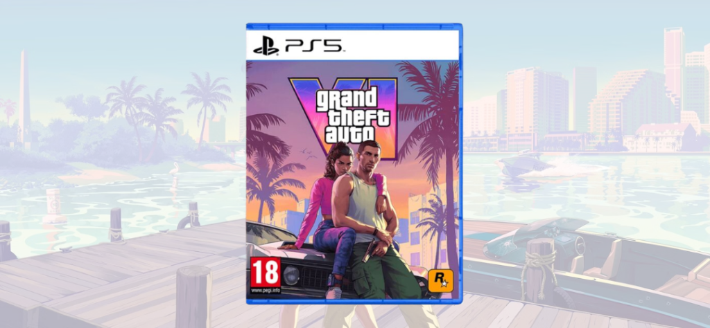 Capa oficial simulada do jogo GTA 6 para o console PlayStation 5 com arte dos protagonistas.