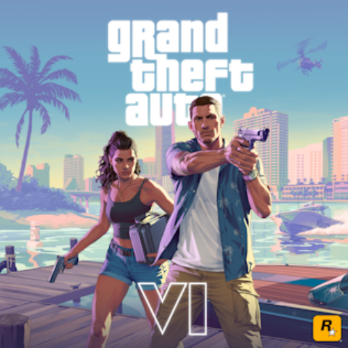 Arte oficial do jogo GTA 6 mostrando os protagonistas Lucia e Jason sentados em um carro durante o pôr do sol em Vice City.