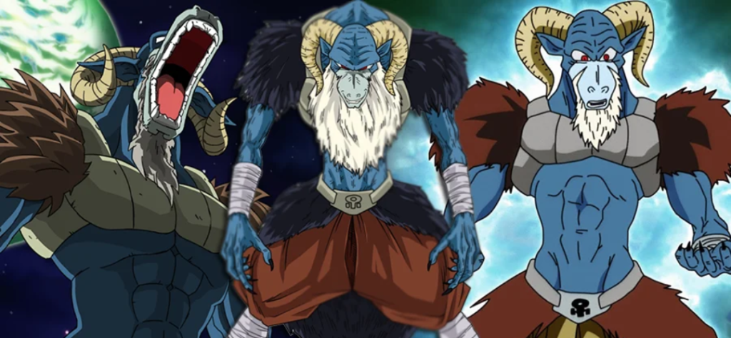 Moro Devorador de Planetas: quando Dragon Ball Super transforma a fome em ameaça cósmica 5 A imagem é dividida em três representações distintas do vilão, organizadas lado a lado:
Lado Esquerdo (Perfil e Poder): Mostra Moro em um ângulo de baixo para cima, com a boca aberta em um grito potente e o punho cerrado. Ele está no espaço, com um planeta esverdeado ao fundo. Esta versão enfatiza sua musculatura e a textura de sua armadura peitoral e ombreiras de pele escura.
Centro (Aparência Envelhecida): Esta é a representação de sua forma mais antiga e debilitada. Ele possui uma barba branca extremamente longa e volumosa que cobre quase todo o seu tronco. Seus braços são finos, e ele veste calças bufantes avermelhadas presas por um cinturão com um símbolo circular.
Lado Direito (Postura de Combate): Uma visão frontal e clara de sua anatomia. Nesta parte, a barba é mais curta e aparada em comparação à versão central. Ele exibe sua pele azul vibrante, chifres curvados amarelados e uma expressão facial mais neutra, porém alerta.