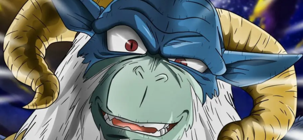 Moro Devorador de Planetas: quando Dragon Ball Super transforma a fome em ameaça cósmica 1 Moro Devorador de Planetas - Aparência Animalesca: Moro tem uma aparência que lembra muito um bode ou carneiro antropomórfico. Sua pele é de um tom verde-azulado claro no focinho e azul mais escuro na parte superior do rosto.