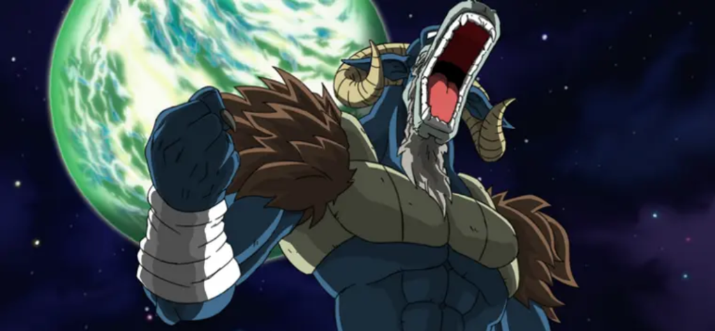 Moro Devorador de Planetas: quando Dragon Ball Super transforma a fome em ameaça cósmica 3 Moro (Forma Antiga): Nesta imagem, ele exibe sua forma mais clássica:
Corpo musculoso de pele azul escura.
Grandes chifres de carneiro curvados.
Uma longa barba branca e desgrenhada.
Veste ombreiras de pele marrom e detalhes que lembram uma armadura orgânica clara no peito.