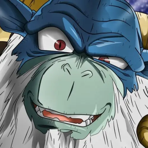 Moro Devorador de Planetas - Aparência Animalesca: Moro tem uma aparência que lembra muito um bode ou carneiro antropomórfico. Sua pele é de um tom verde-azulado claro no focinho e azul mais escuro na parte superior do rosto. Chifres: Ele possui grandes chifres amarelados e curvados para trás, típicos de um carneiro, com ranhuras horizontais ao longo de toda a extensão. Olhos: Seus olhos são estreitos e ameaçadores, com escleras brancas e íris vermelhas pequenas, o que lhe confere um ar sinistro e maligno. Pelagem: Ele tem uma longa e densa barba branca que desce pelo peito, indicando sua idade avançada (ele tem milhões de anos).