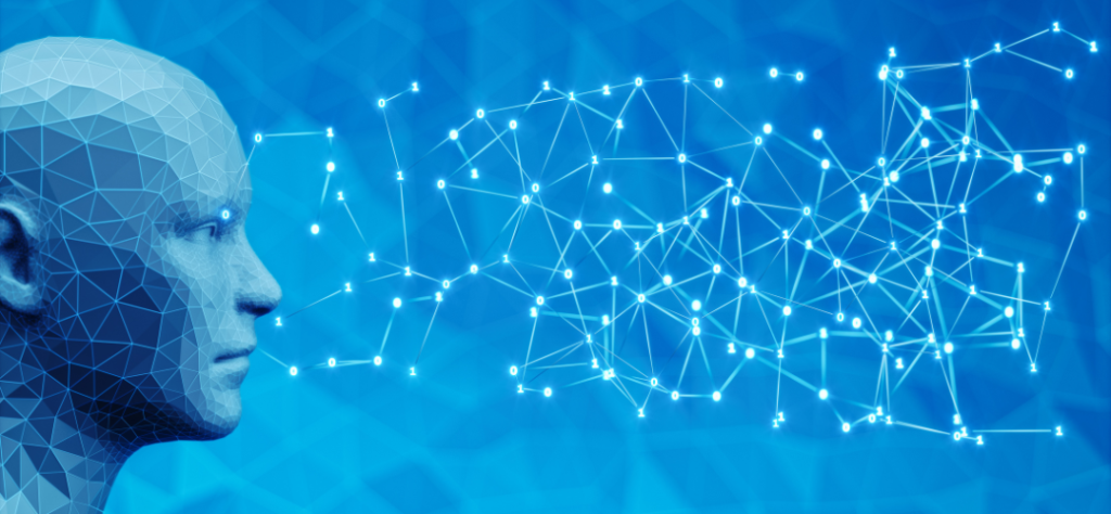 Ilustração de perfil humano conectado a uma rede de dados binários em azul, representando a Neurociência computacional e a inteligência artificial.
