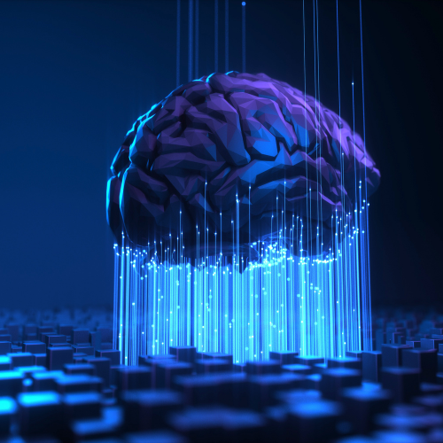 Cérebro humano estilizado envolto por feixes de luz azul tecnológica, simbolizando os avanços da Neurociência moderna e biotecnologia.