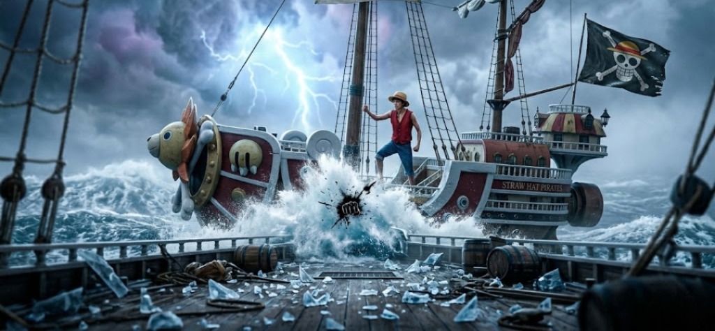Monkey D. Luffy em um cenário de tempestade no mar, destacando a estética visual épica de One Piece Live Action.