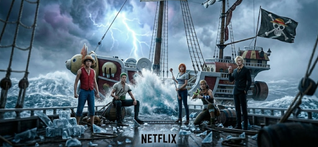 Personagens principais da adaptação One Piece Live Action reunidos em um navio durante uma cena de tempestade marítima.
