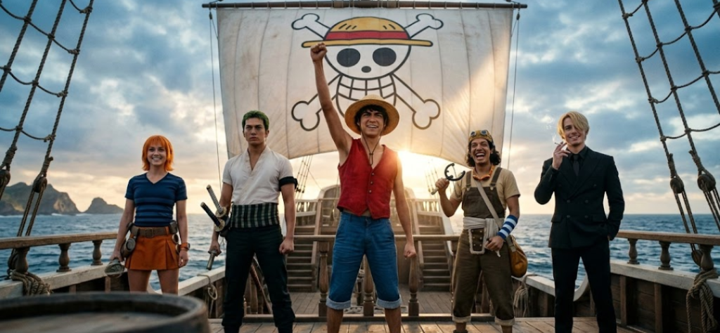Elenco principal da série One Piece Live Action posando no convés do navio Going Merry sob um céu aberto