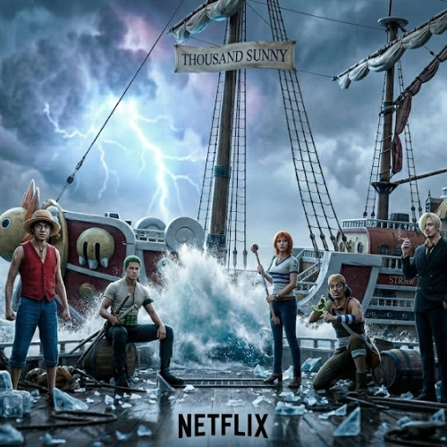 Personagens principais da adaptação One Piece Live Action reunidos em um navio durante uma cena de tempestade marítima.