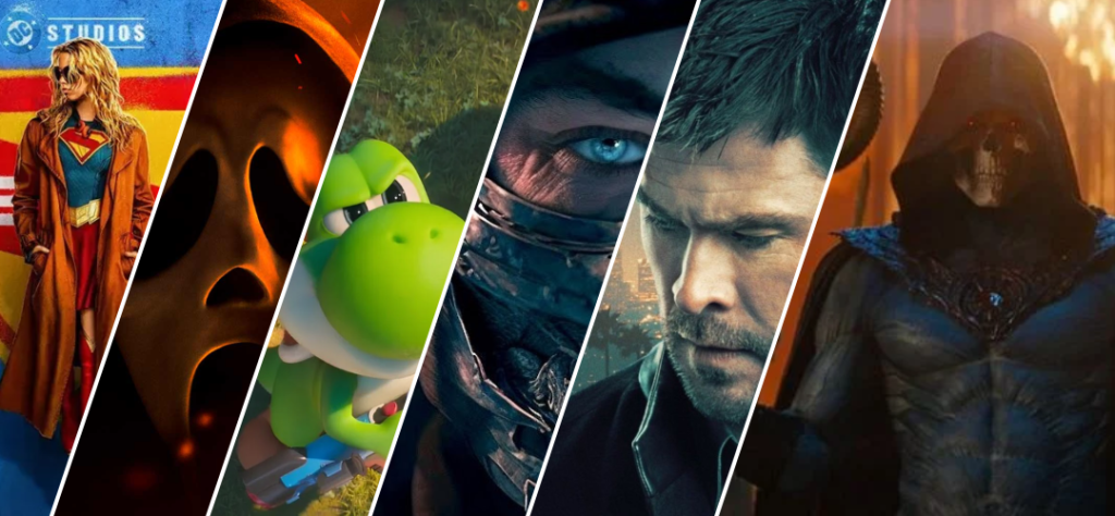 Banner promocional reunindo os principais títulos de os lançamentos no cinema 2026, incluindo Supergirl e Mestres do Universo.