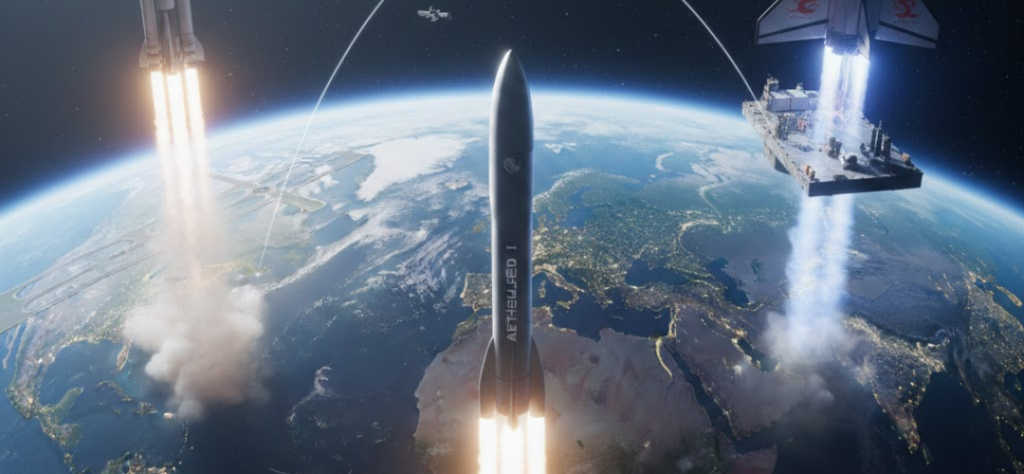 Três Foguetes em Ascensão: A imagem destaca três veículos espaciais diferentes decolando simultaneamente de pontos distintos da Terra. Isso simboliza a multiplicidade de atores (países e empresas privadas) que agora possuem capacidade de lançamento.