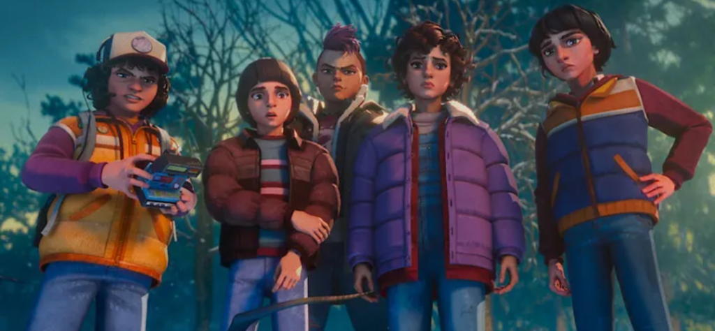 Esta imagem oferece um plano aproximado (close-up) dos personagens da série Stranger Things, revelando detalhes faciais e o estilo de animação em 3D