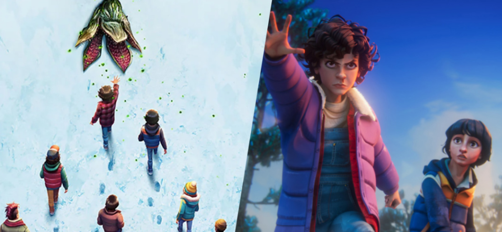 Personagem Central (Eleven/Onze): Em destaque, uma jovem com cabelos curtos e cacheados e expressão de extrema concentração e raiva. Ela está com o braço direito estendido para frente, com a palma da mão aberta, simulando o uso de habilidades telecinéticas. Ela veste uma jaqueta roxa acolchoada com gola de lã.