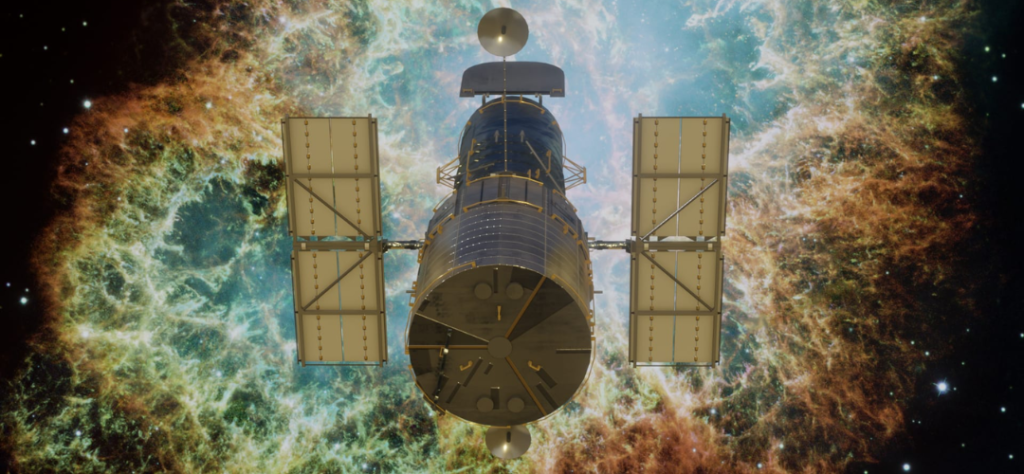 2026 - Telescópios espaciais: quando a humanidade decidiu enxergar além de si mesma 3 Esta imagem é uma representação artística (renderização 3D) que agora sim mostra um telescópio espacial (especificamente o icônico Hubble) em operação no espaço profundo.
Telescópios espaciais