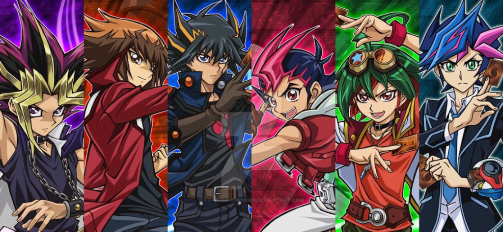 Painel com os seis primeiros protagonistas das diferentes eras do anime Yugioh.