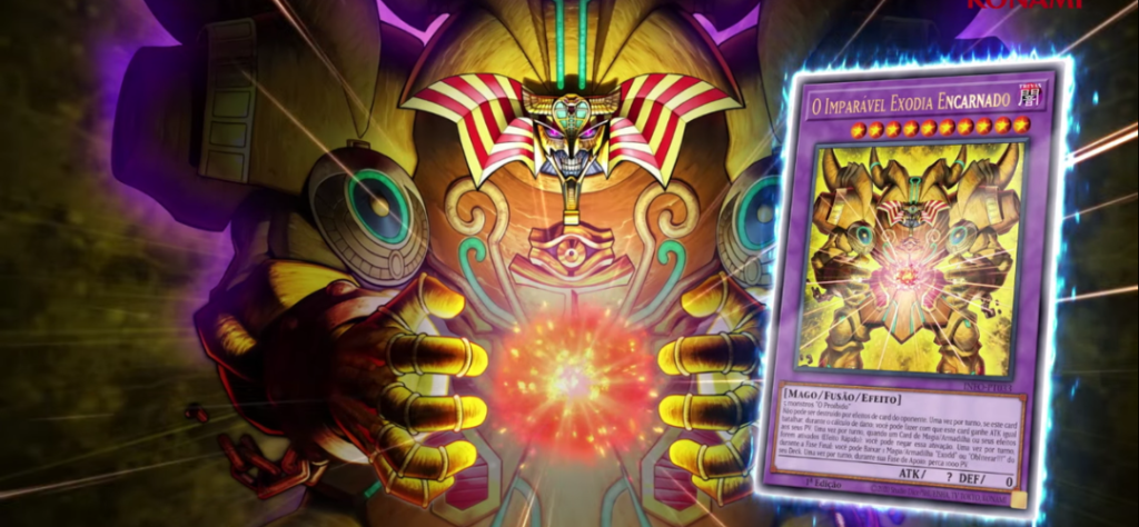 Carta de monstro de fusão O Imparável Exodia Encarnado do universo Yugioh com fundo artístico.
