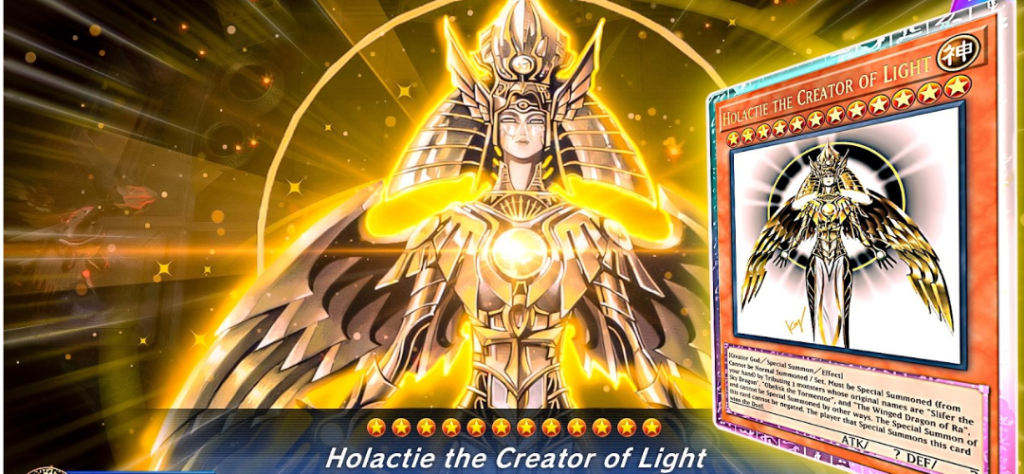 Carta lendária Holactie the Creator of Light com arte dourada brilhante no jogo Yugioh.