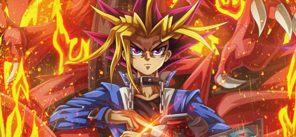 Yugioh: TOP 3 Criaturas Mais Poderosas 11 Ilustração de Yami Yugi com o dragão Slifer ao fundo em Yugioh.