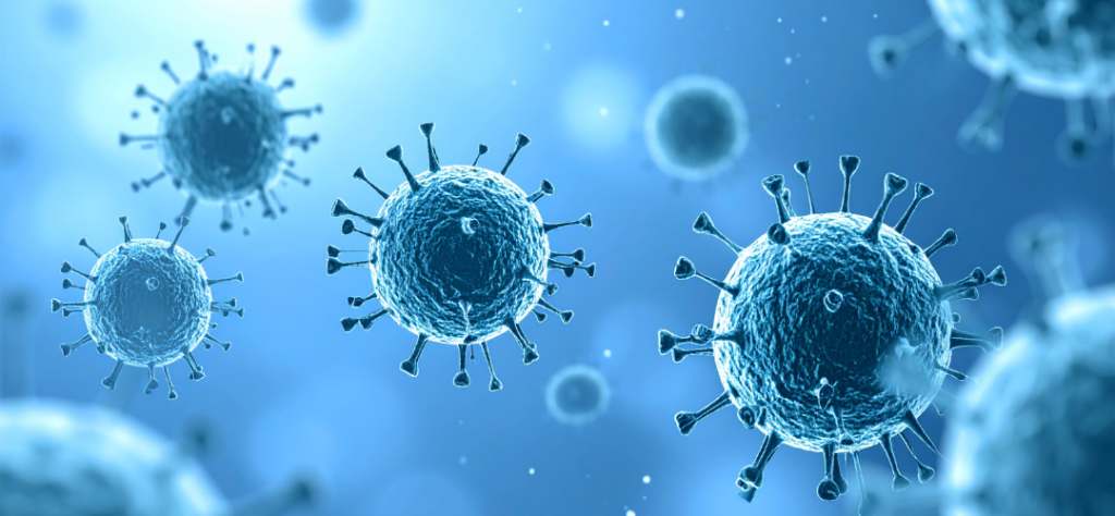 Ilustração 3D de partículas virais em fundo azul, destacando o alvo biológico de novos medicamentos como o Lenacapavir.