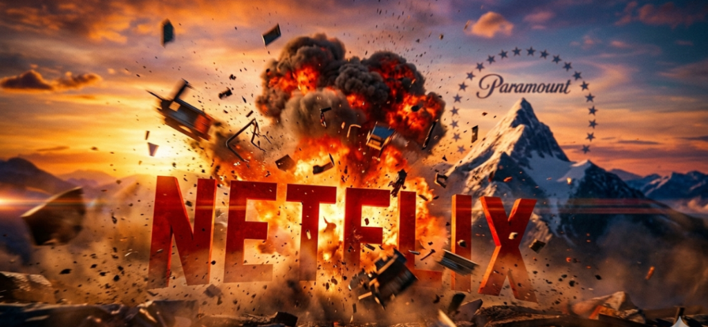 Ilustração artística de uma explosão com o logotipo da Netflix em destaque e o símbolo da Paramount ao fundo.