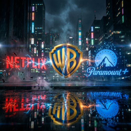 Logotipos da Netflix, Warner Bros e Paramount Plus brilhando com efeitos elétricos em uma cidade futurista.