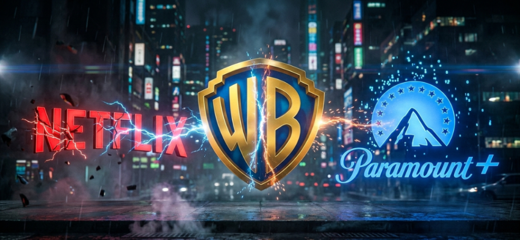 Logotipos da Netflix, Warner Bros e Paramount Plus brilhando com efeitos elétricos em uma cidade futurista.