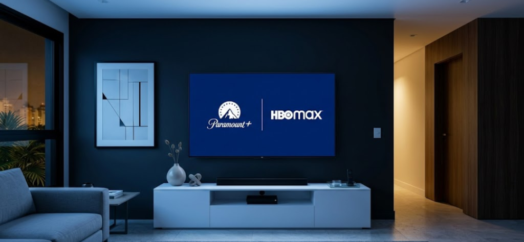 Sala de estar moderna com TV exibindo logos de serviços de streaming concorrentes da Netflix como Paramount Plus e HBO Max.
