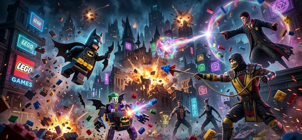 Iluminação épica com personagens de Batman, Harry Potter e Mortal Kombat, ilustrando a diversidade de catálogo que plataformas como a Netflix exploram.