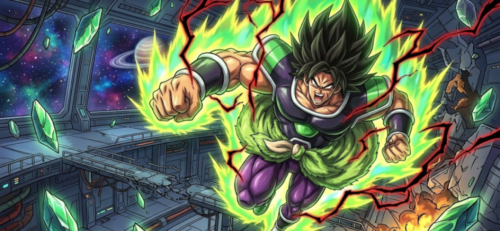 Broly voando para um ataque de soco dentro de uma nave espacial com o espaço e um planeta ao fundo.
