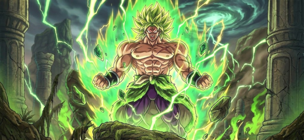 Broly transformado em Lendário Super Saiyajin com cabelos verdes e aura explosiva em um campo de batalha em ruínas.