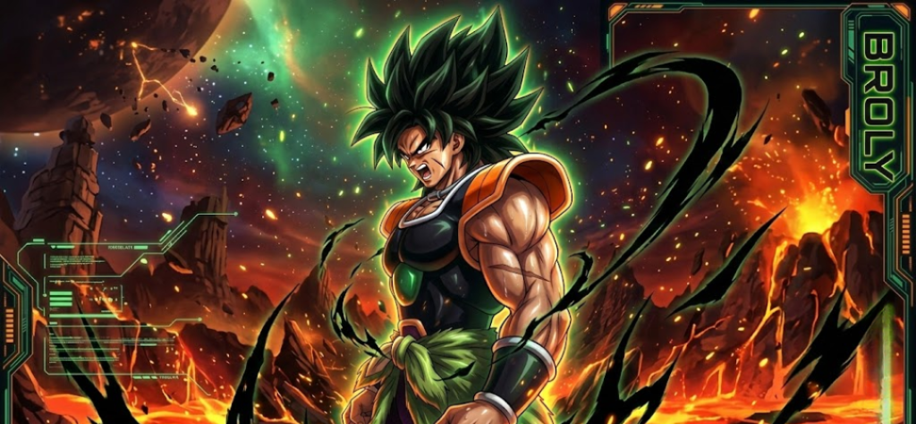 Arte estilizada de Broly com moldura tecnológica de combate em um cenário de lava e galáxia.