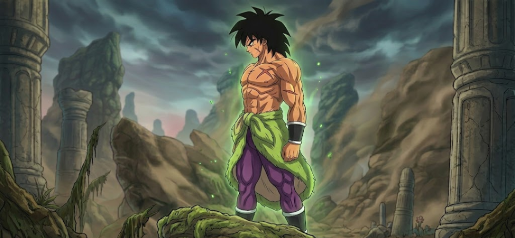 Ilustração de Broly em sua forma base com cabelos pretos, em pé entre ruínas de pedra em um cenário desértico.